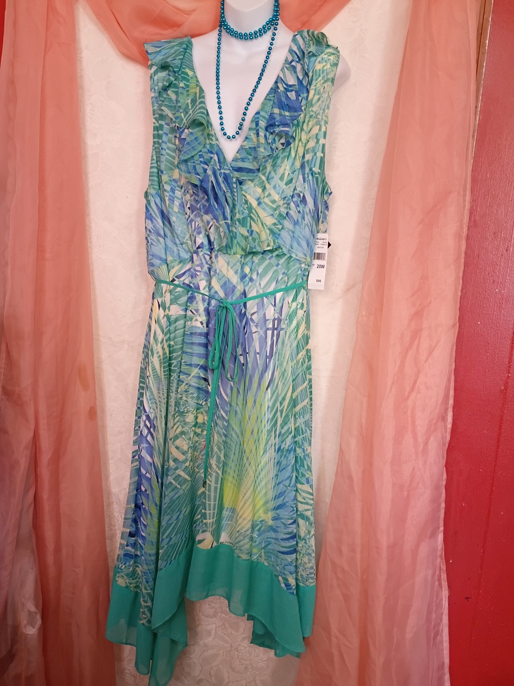 NWT Studio One Ladies Teal & Blue Tropical Print High-Low Dress Sz 20W